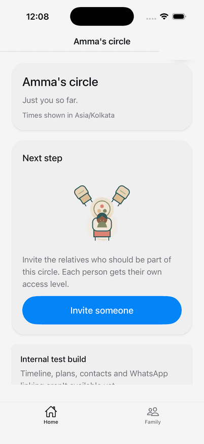 Wrynkle app home screen for a family circle named Amma's circle, showing the family summary and an invite button
